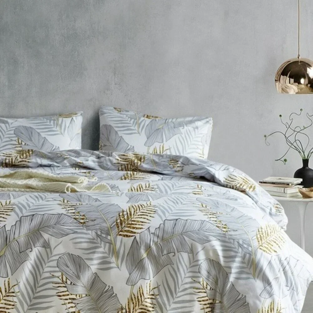 Gold grey Leaves Print Duvet Cover Set